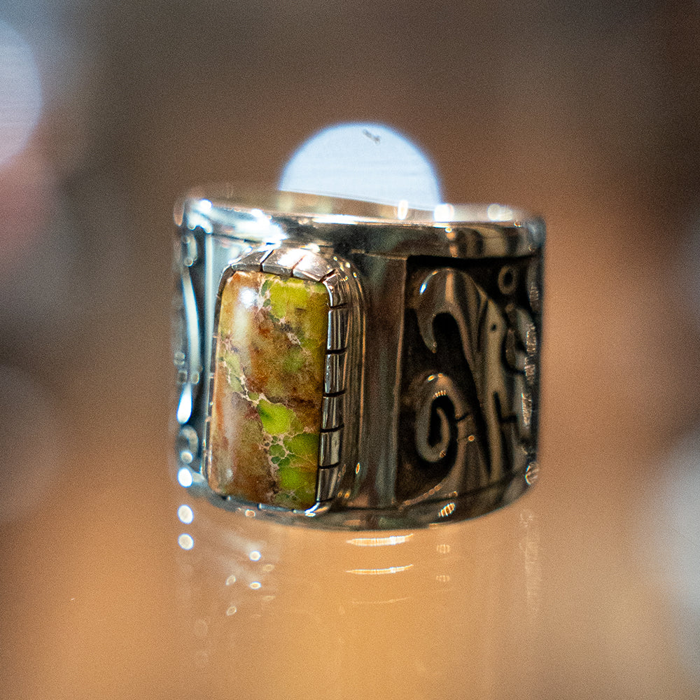 Hopi Sonoran Gold Turquoise Band Ring<br>【Clifton Mowa】<br>(LEW140302)