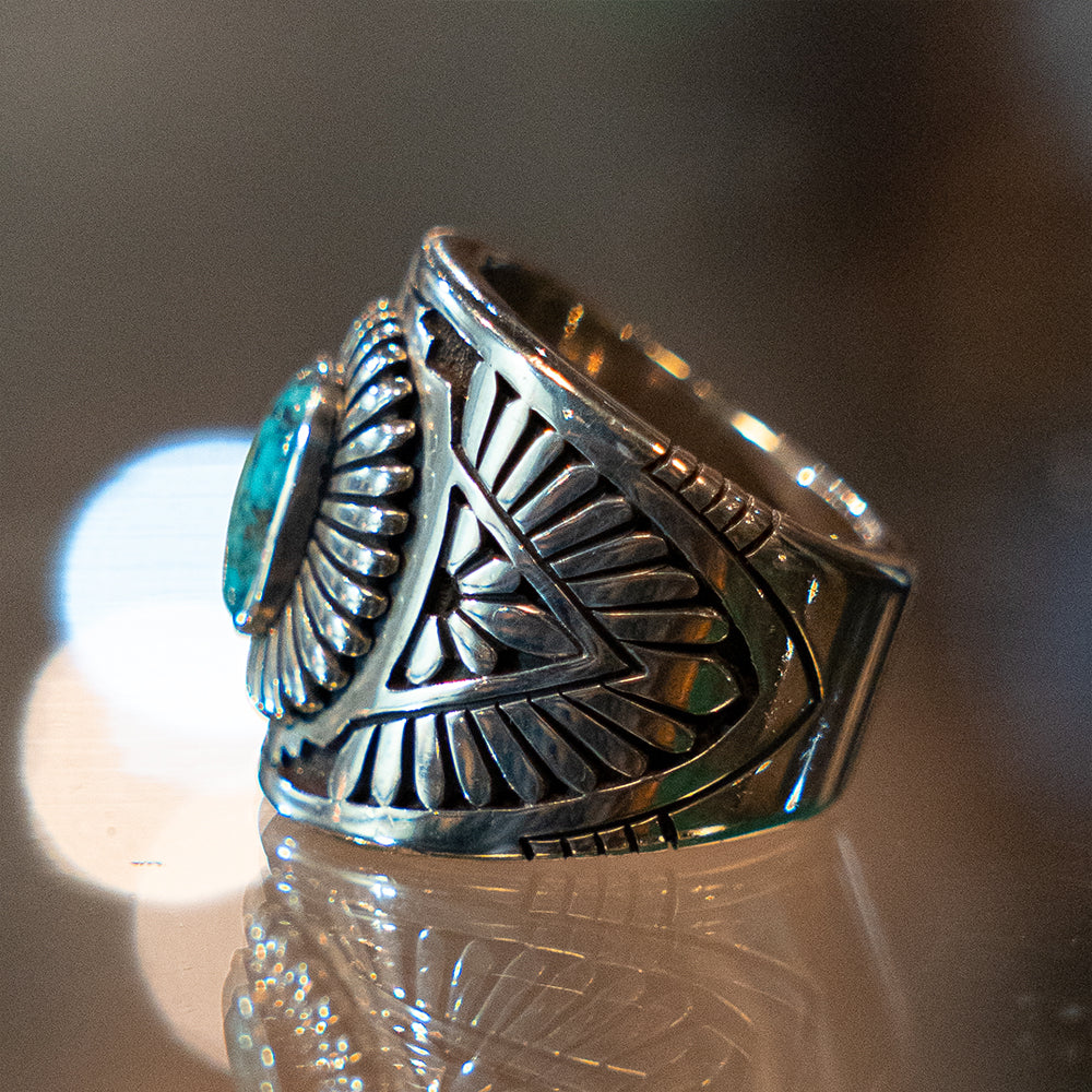 Lone Mountain Turquoise Heavy Gauge Silver Band Ring<br>【Howard Nelson】<br>(LEW134001)