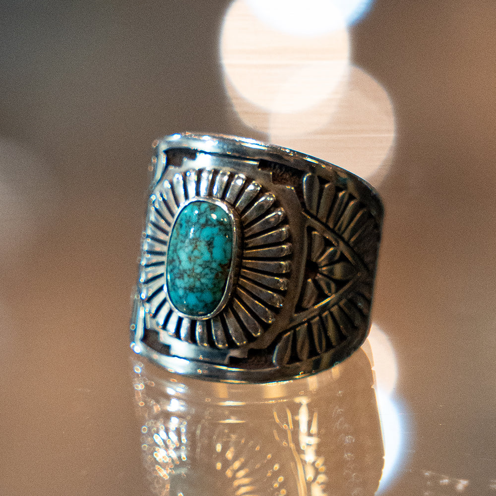 Lone Mountain Turquoise Heavy Gauge Silver Band Ring<br>【Howard Nelson】<br>(LEW134001)