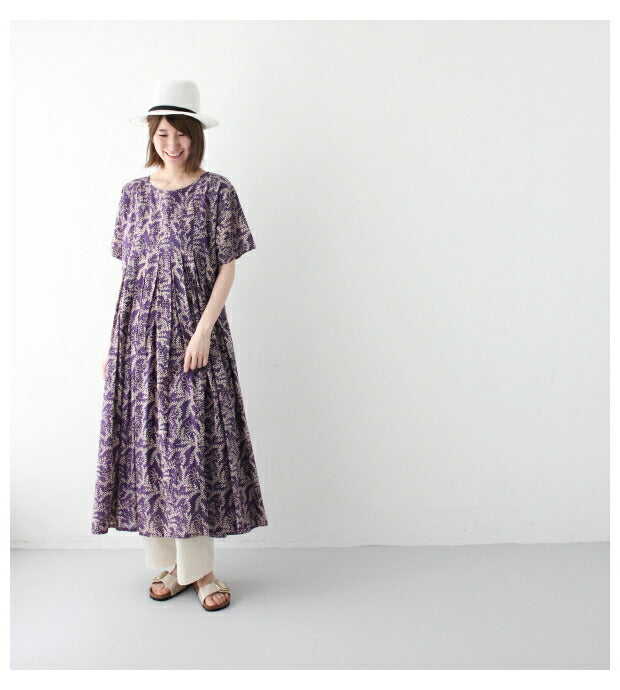 80'S VOILE LEAF & FLOWER BLOCK PRINT<br> INVERTED PLEAT SHORT/SL <br>PULLOVER DRESS <br>(INMDS21023)<br>(レディース)