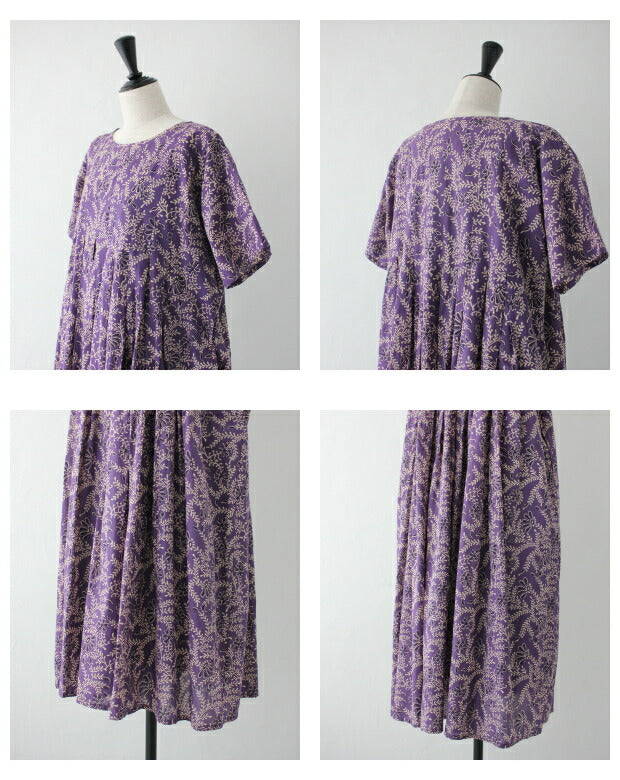 80'S VOILE LEAF & FLOWER BLOCK PRINT<br> INVERTED PLEAT SHORT/SL <br>PULLOVER DRESS <br>(INMDS21023)<br>(レディース)