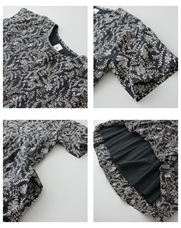 80'S VOILE LEAF & FLOWER BLOCK PRINT<br> INVERTED PLEAT SHORT/SL <br>PULLOVER DRESS <br>(INMDS21023)<br>(レディース)