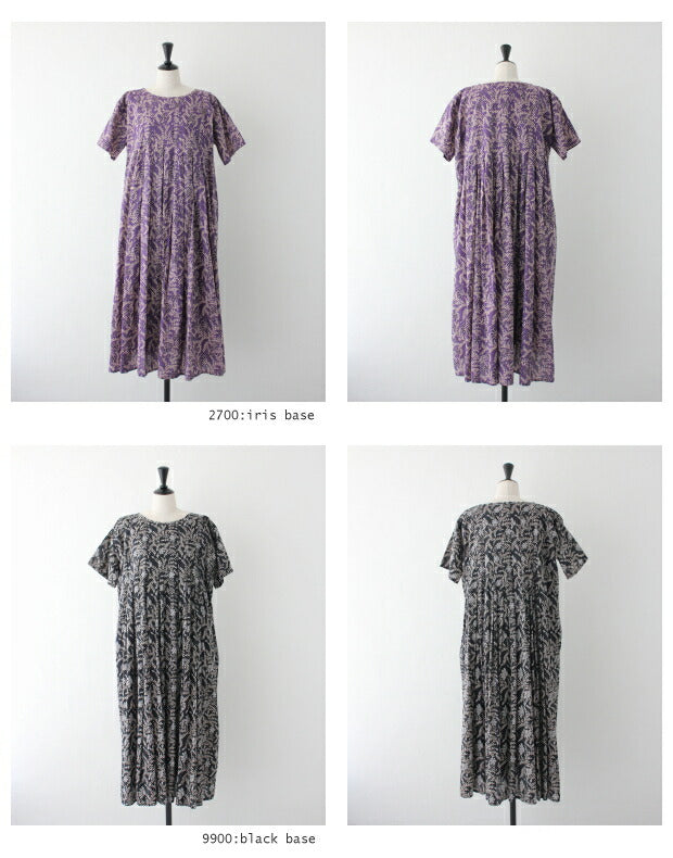 80'S VOILE LEAF & FLOWER BLOCK PRINT<br> INVERTED PLEAT SHORT/SL <br>PULLOVER DRESS <br>(INMDS21023)<br>(レディース)
