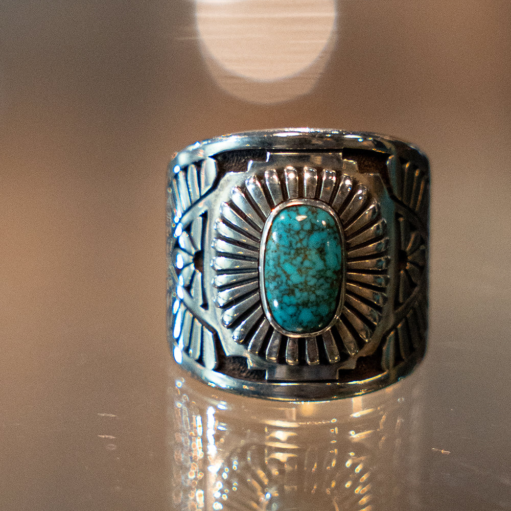 Lone Mountain Turquoise Heavy Gauge Silver Band Ring<br>【Howard Nelson】<br>(LEW134001)