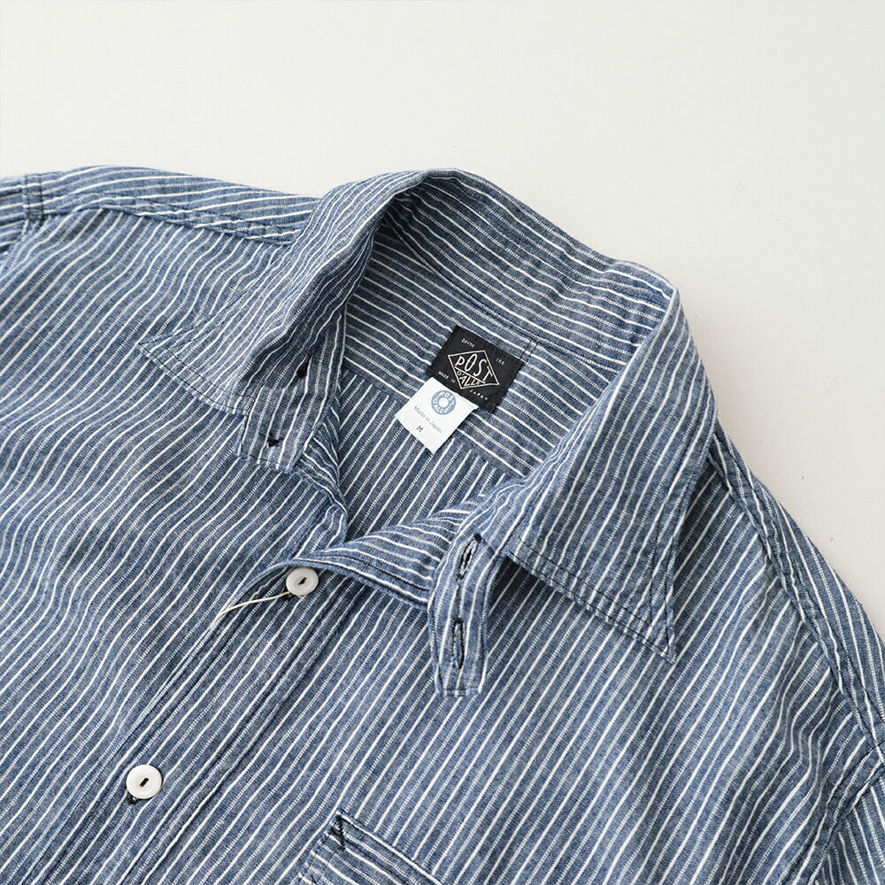 ポストオーバーオールズ NAVY CUT S/S (stripe chambray indigo